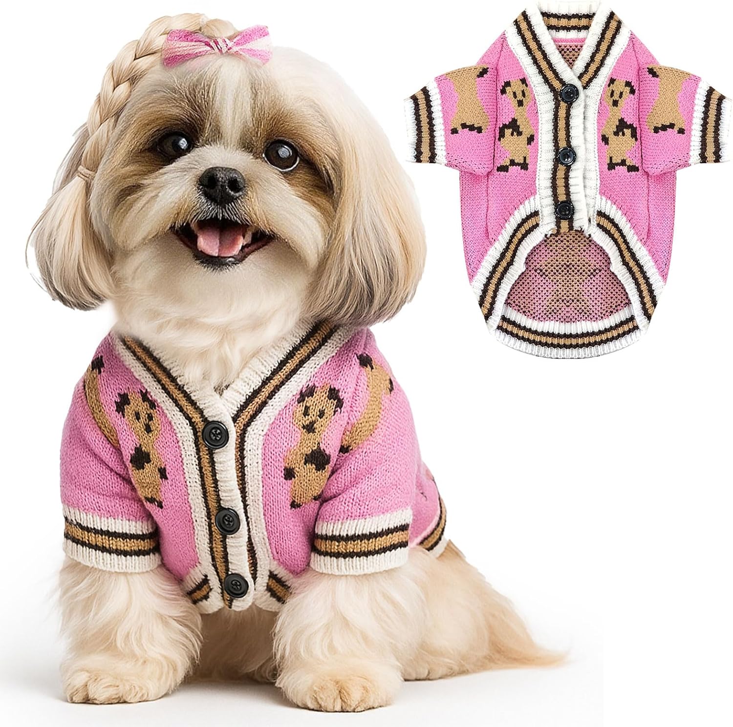 Tailcloset Bear Print Knit Cardigan Sweater Autumn Warm Pet Clothes Small Medium Dogs Cats Beige M