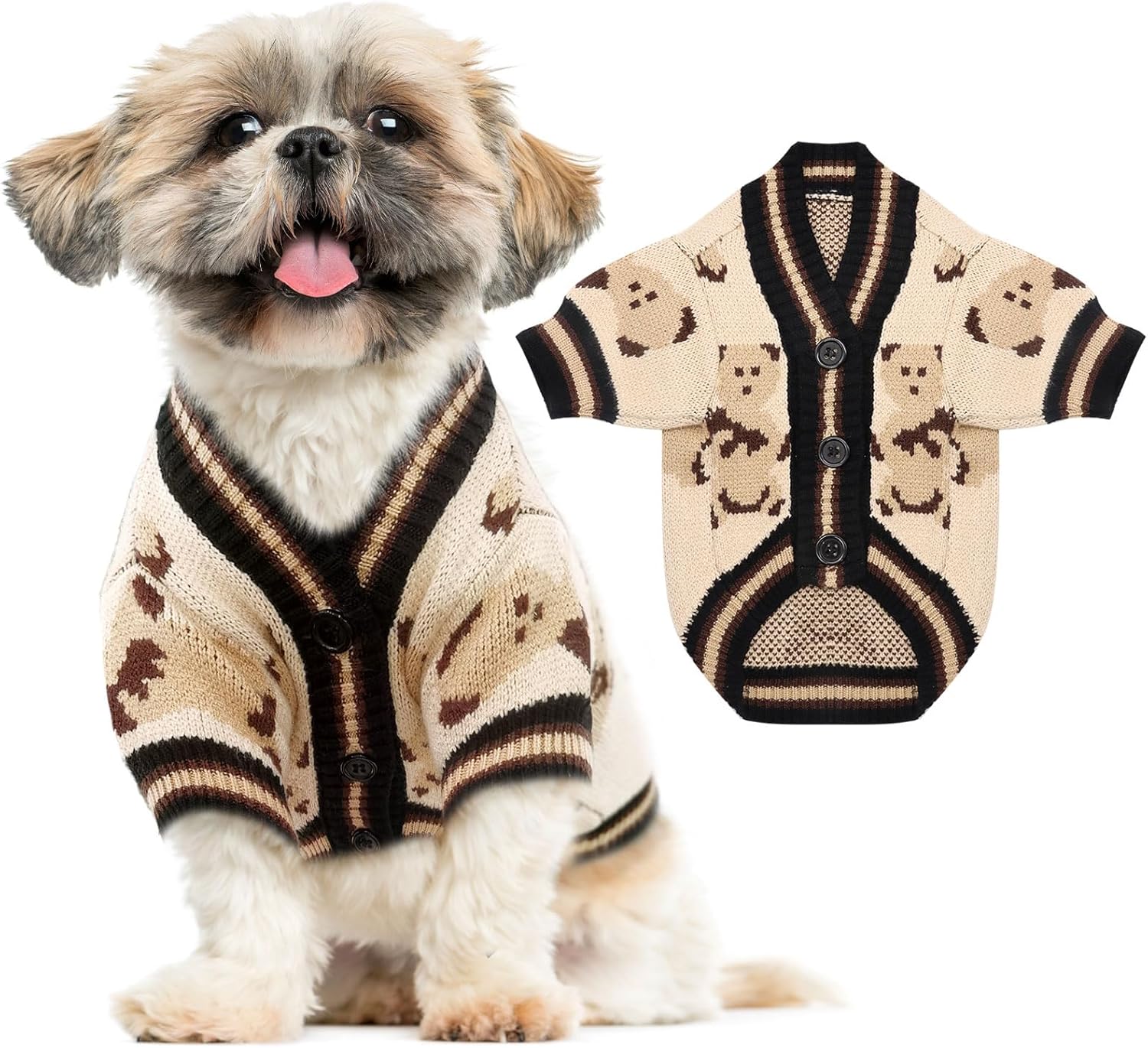 Tailcloset Bear Print Knit Cardigan Sweater Autumn Warm Pet Clothes Small Medium Dogs Cats Beige M